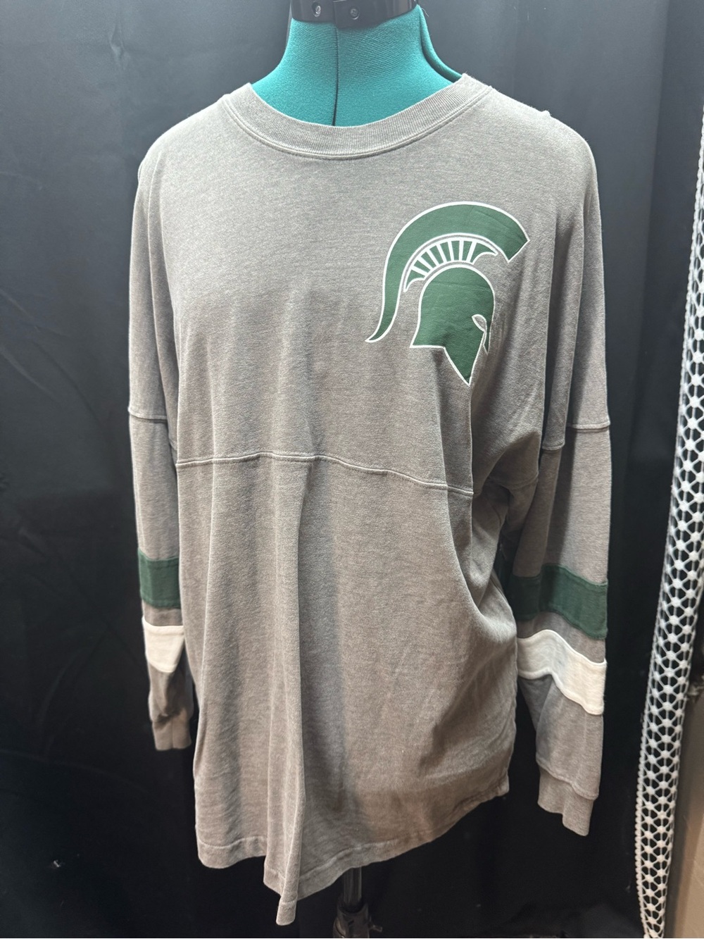 Knights Apparel Gray Long Sleeve Tee with Green Spartan Logo